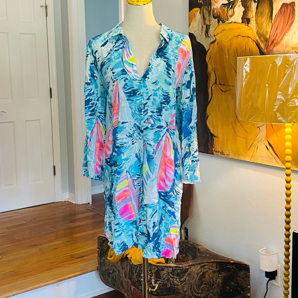 Auth,Lilly Pulitzer,Tunic Dress Pocket Cotton Voile Resort  Coastal Print,Size M - Picture 2 of 9
